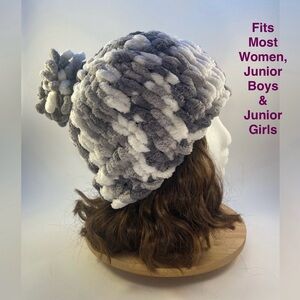 Handmade Women’s/Junior’s Winter Hat With Loopy Pom-Pom - Gray & White